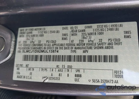 2021 Lincoln Corsair из США, поврежденный, VIN 5LMCJ1D92MUL13874